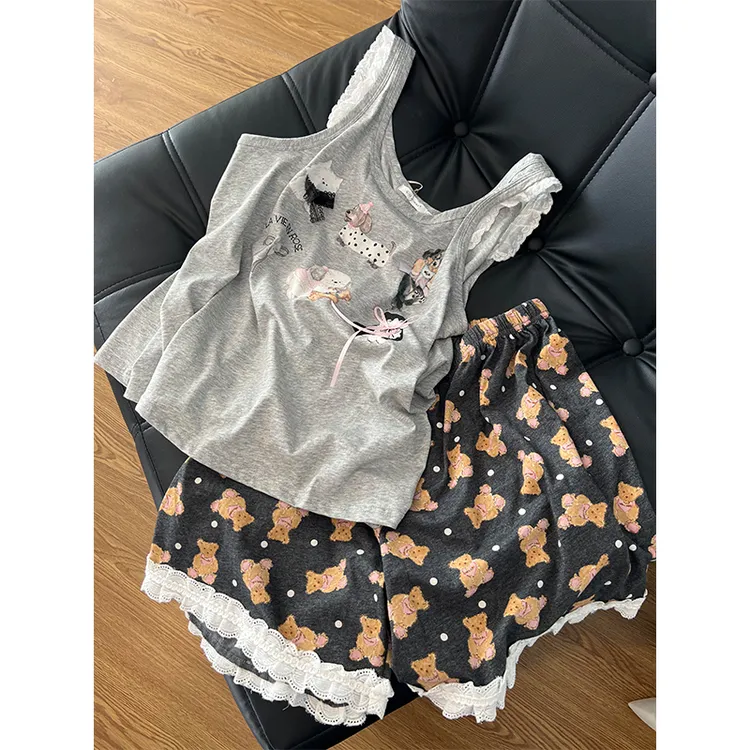 韩系可爱蕾丝边小狗背心睡衣女夏季新款小熊短裤可外穿家居服套装