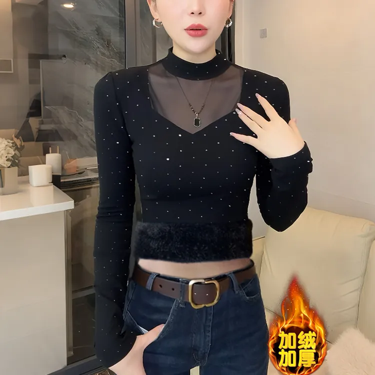 打底衫女内搭加绒加厚2025秋冬新款辣妹修身纯欲百搭蕾丝T恤上衣