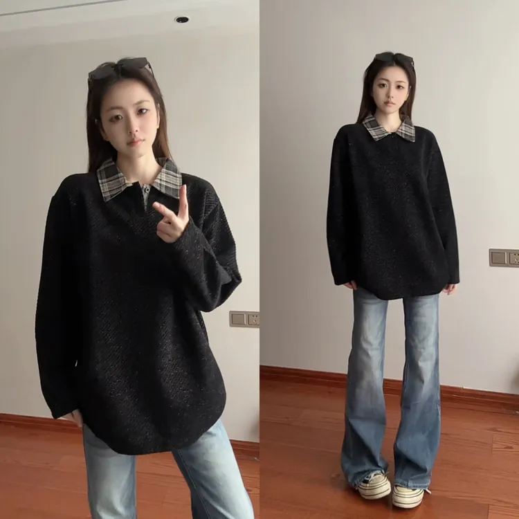 假两件卫衣男款秋冬美式复古拼接格子加绒加厚保暖长袖内搭polo衫