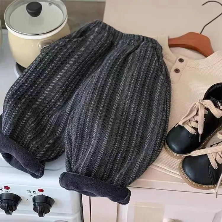 韩版儿童复古百搭加绒休闲裤男女宝宝一体绒加厚呢料条纹保暖长裤