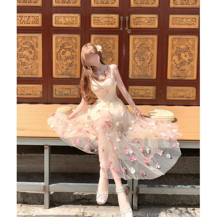 夏日绝美度假风网纱公主仙女长裙子法式浪漫立体花朵吊带连衣裙女