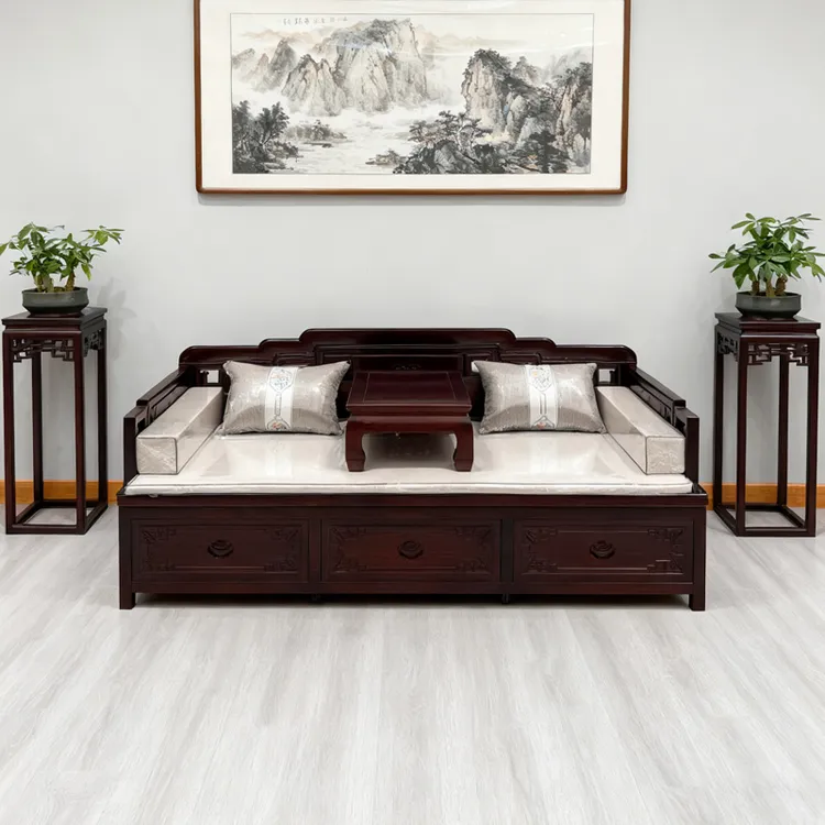 中式罗汉床实木沙发老榆木罗汉榻禅意多功能推拉沙发床贵妃榻