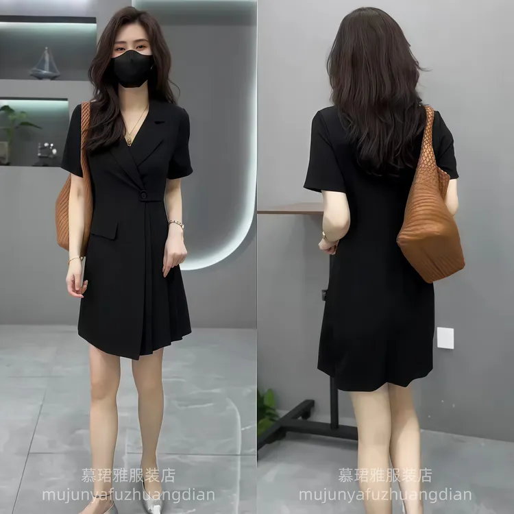 法式黑色短袖西装裙女收腰小个子2025年夏季新款雪纺高级感连衣裙