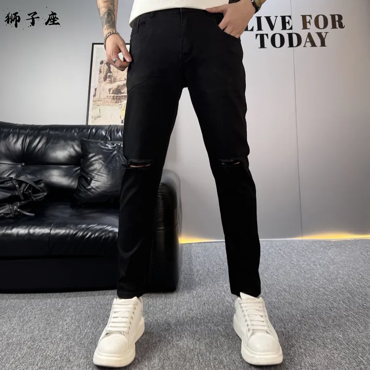 夏季薄款牛仔裤男修身百搭破洞小脚裤时尚韩版个性九分牛仔裤男款