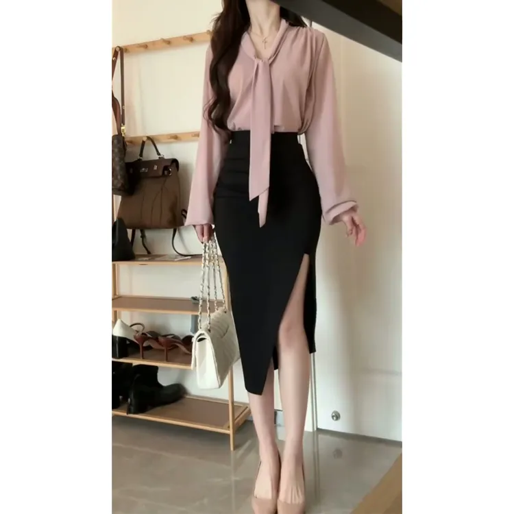 2025秋季新款法式气质百搭V领飘带衬衫设计感高腰显瘦开叉半身裙