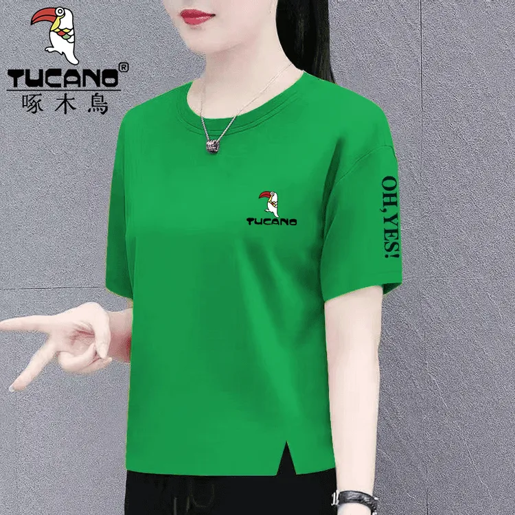 啄木鸟纯棉夏季短袖T恤女中年妈妈韩版时尚休闲衣服女慵懒风上衣