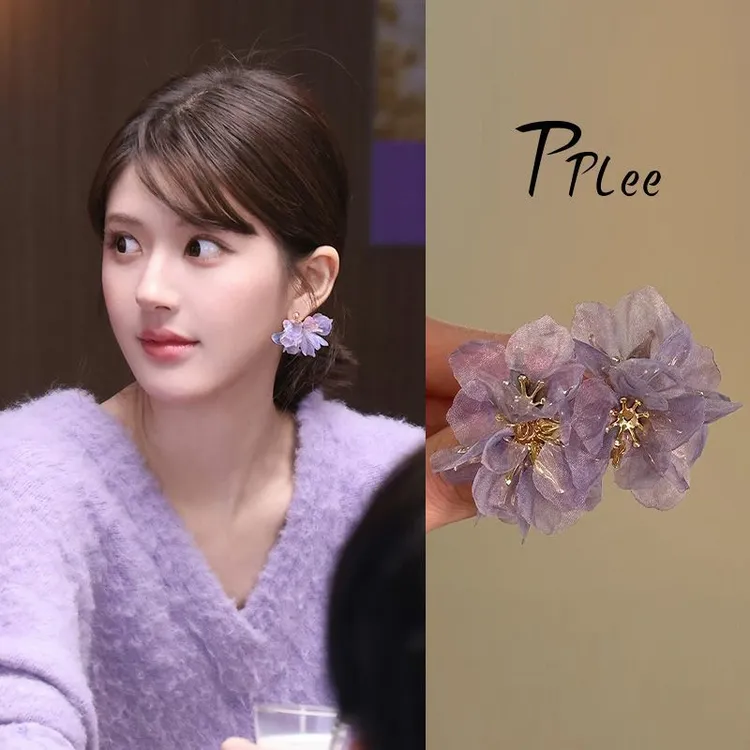 赵露思同款超仙紫色花朵耳环温柔精致百搭小众设计度假风春夏耳钉