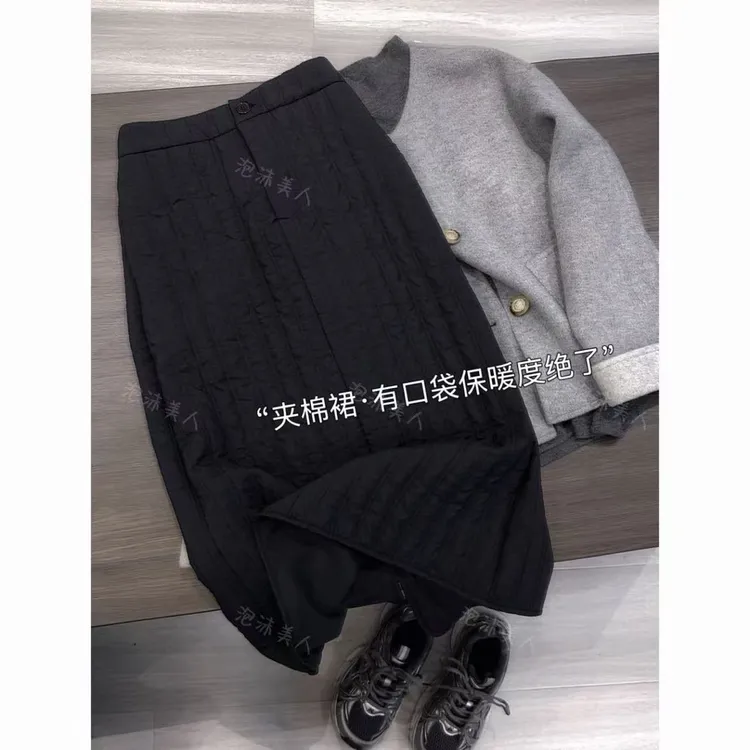 夹棉裙」冬季气质复古松紧腰竖纹棉时尚百搭口袋过膝长裙女秋冬潮