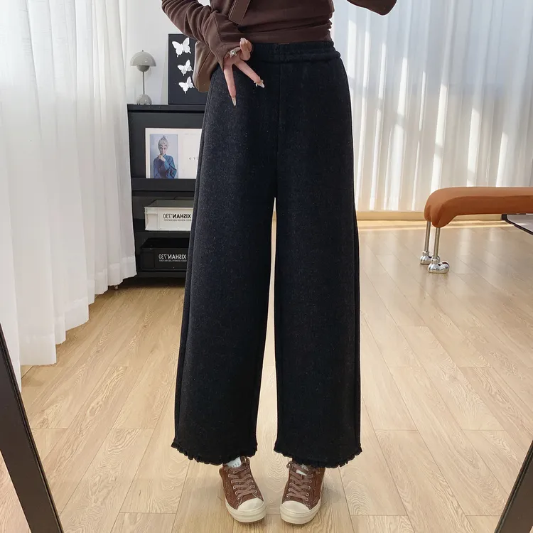 松紧腰花边加绒毛呢裤女2025秋冬新款梨形小个子宽松显瘦直筒裤