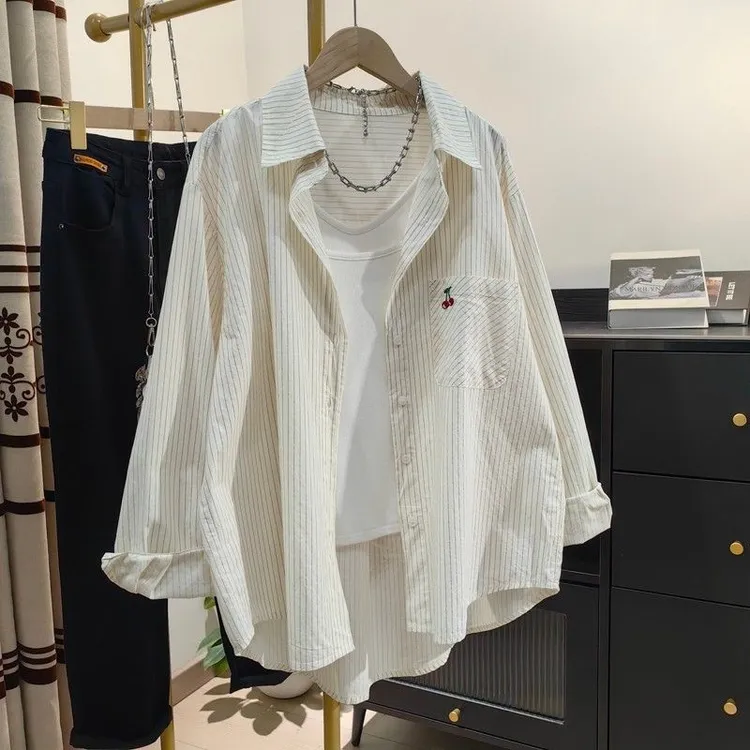 竖条纹樱桃刺绣纯棉衬衫女春夏新款防晒外套休闲宽松百搭开衫上衣