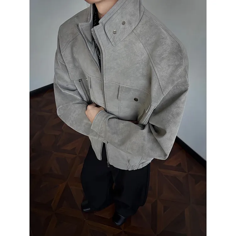 美式复古冰裂PU皮衣男女春秋哈灵顿立领工装夹克休闲百搭短款外套