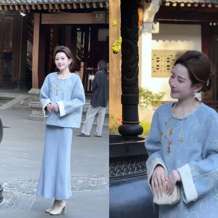 【婷婷】《广寒宫》 清冷高级刺绣 雾霾蓝国风套装TT2SQTY2306