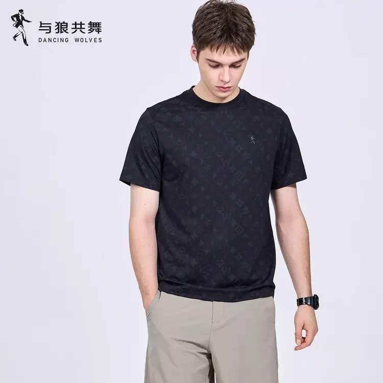 【凉感桑蚕丝】与狼共舞圆领短袖T恤男士2026夏新款休闲亲肤抗皱短t