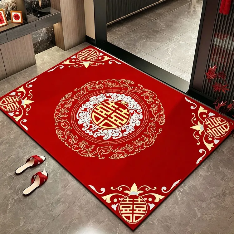 喜字地垫结婚婚庆地垫地毯家用耐脏易打理红色装饰卧室床边毯红色商品图