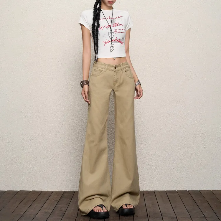 美式复古卡其色低腰牛仔裤女2025夏秋新款辣妹不贴腿微喇阔腿长裤