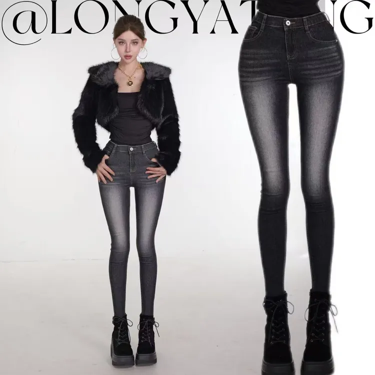 龙牙童推荐【高光丰胯铅笔裤】美式复古中腰纯欲风牛仔长裤水洗磨白