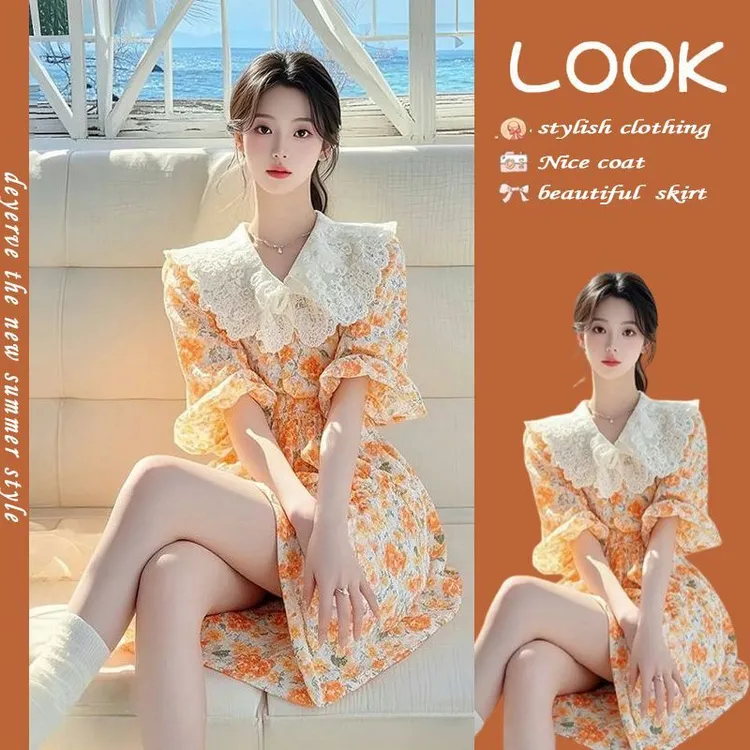 法式甜美风娃娃领碎花连衣裙女2025春夏新款度假绝美收腰显瘦短裙