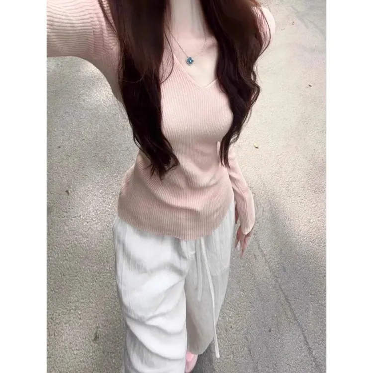 修身针织打底衫女秋冬季2025新款粉色套头毛衣高级感内搭长袖上衣