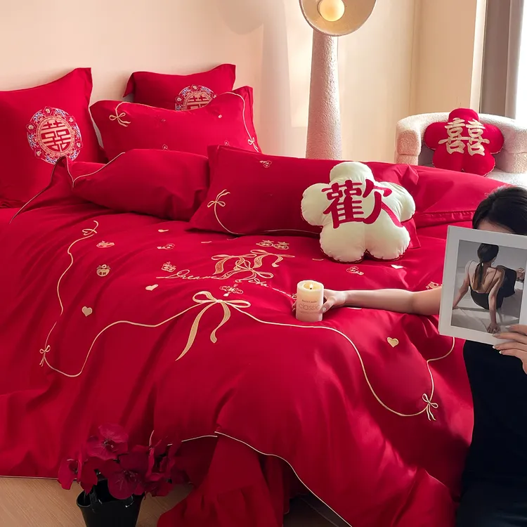 新款蝴蝶结刺绣婚庆四件套2025大红色结婚陪嫁婚房喜被婚床上用品