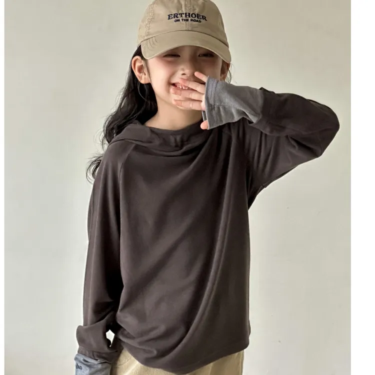 女童长袖T恤秋装2025新款初中生儿童上衣春秋款女大童连帽打底衫