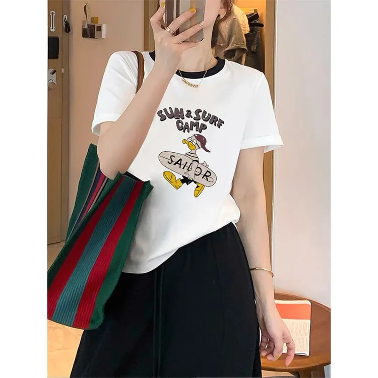 拼色正肩圆领短袖t恤女装2025新款小众时尚百搭洋气白色上衣夏季