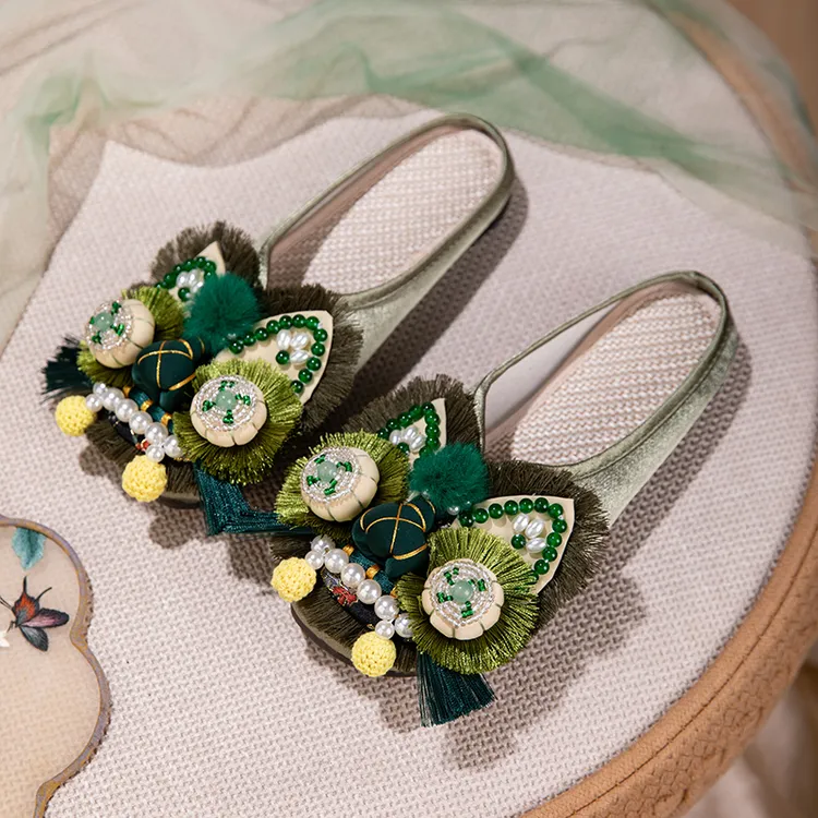 原创复古爆款绿色虎头鞋居家千金鞋子名媛风拖鞋舒适女士中式布鞋