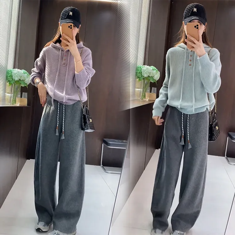 2025年秋冬季软糯连帽长袖毛衣慵懒风宽松松紧腰休闲裤子两件套装