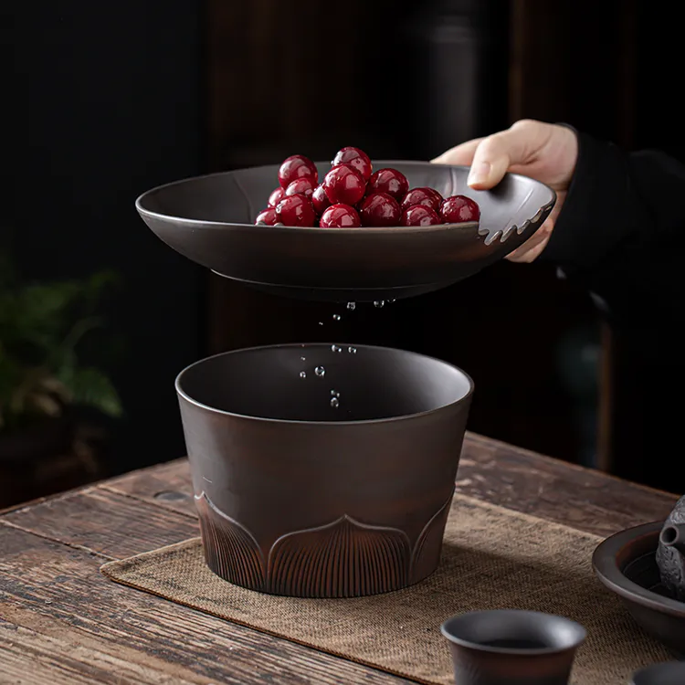 紫陶茶渣缸大号过滤茶渣桶单个带盖式创意复古风特色茶洗茶盅水孟