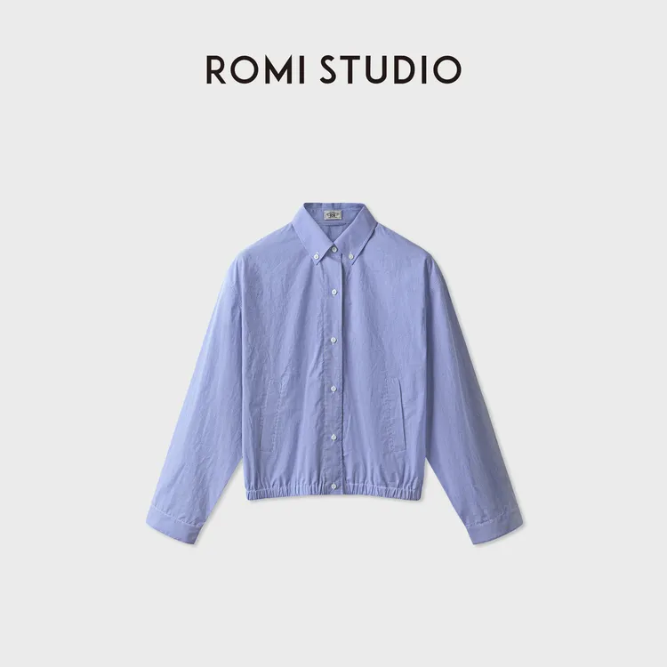 ROMI STUDIO经典蓝细格纹宽松棉质松紧下摆衬衫外套 RWDRSY3879
