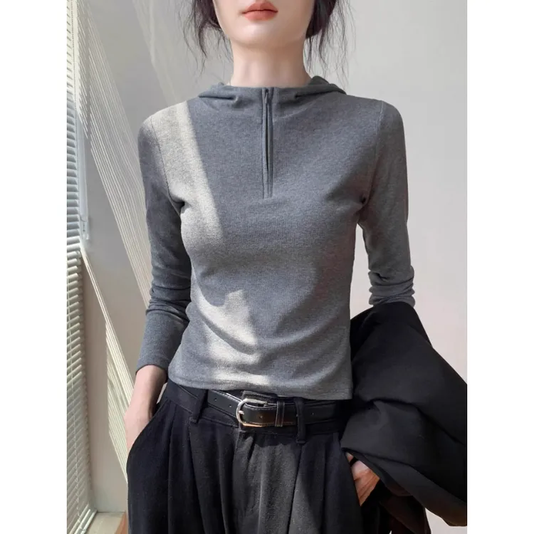 韩版拉链半开领长袖上衣T恤女2025早秋季流行修身连帽卫衣打底衫