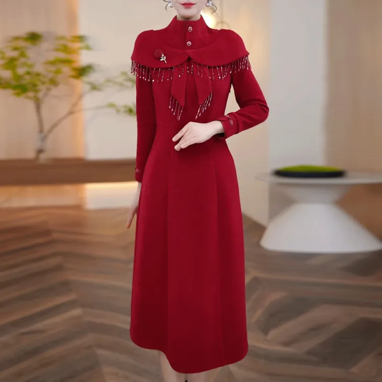 新中式喜庆婚宴装红色连衣裙女2025新款修身加厚减龄喜婆婆a字裙