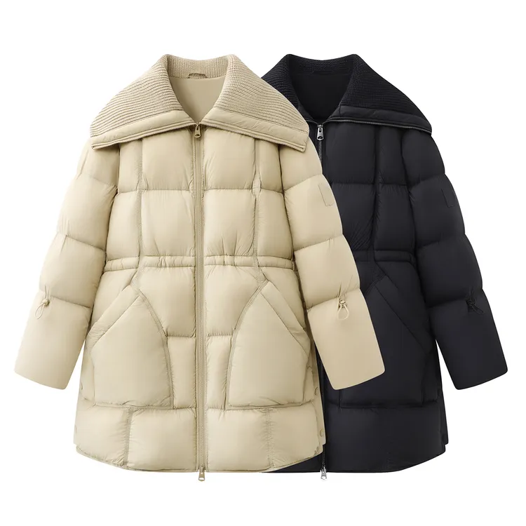 【羽绒服中长款】2025冬季新款针织翻领中长时尚羽绒服外套女V7979