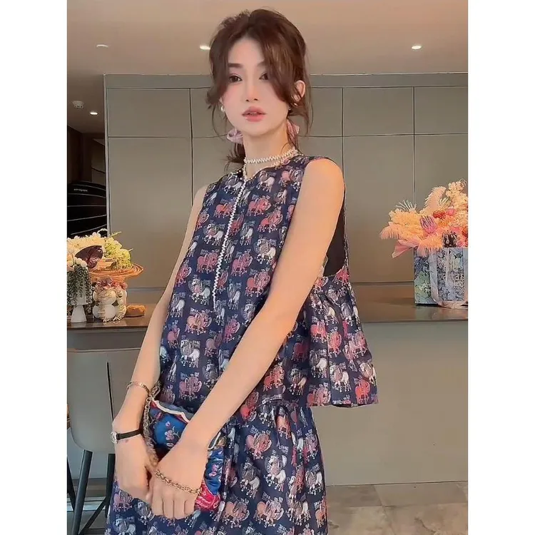 新中式国风独特漂亮印花上衣半身裙套装女2025夏款一整套ootd穿搭