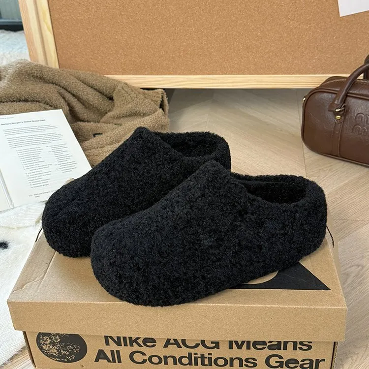 勃肯包头毛毛半拖鞋女外穿2025新款秋冬厚底增高加绒懒人穆勒棉拖