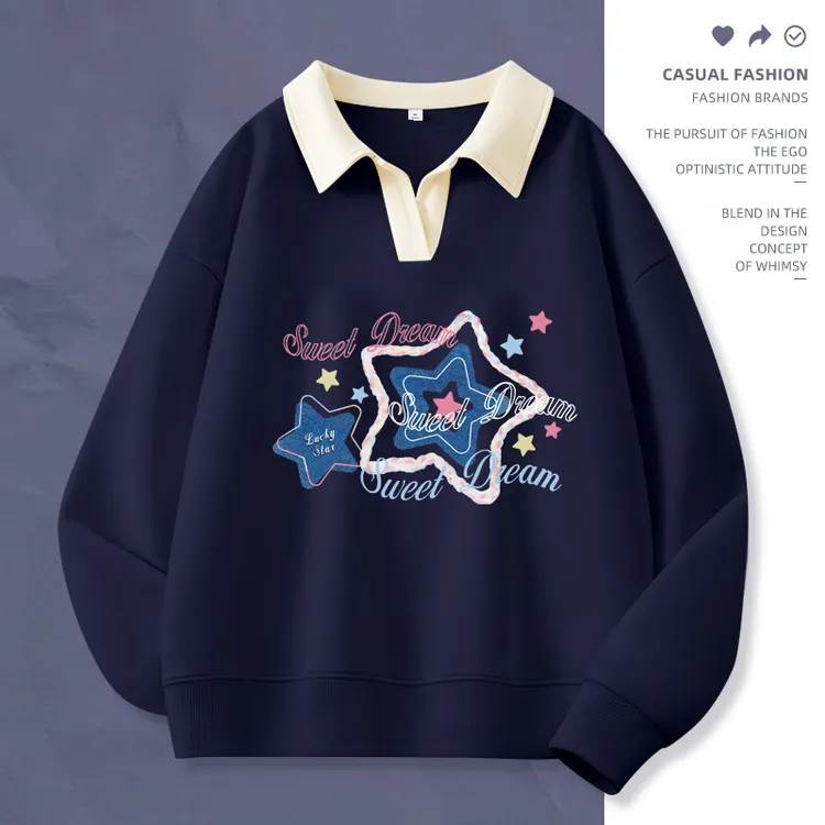 女童polo翻领卫衣中大童2025新款春秋季学生宽松长袖上衣小个子