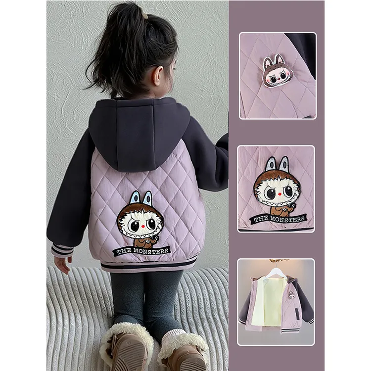 现货女童加绒加厚外套新款宝宝上衣秋冬款儿童洋气拉布布连帽棉衣