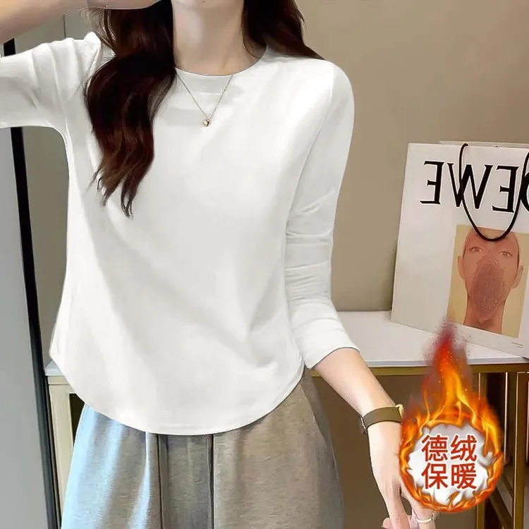 2025圆领套头纯色高级宽松型女士圆弧形下摆秋冬德绒上衣ins外穿