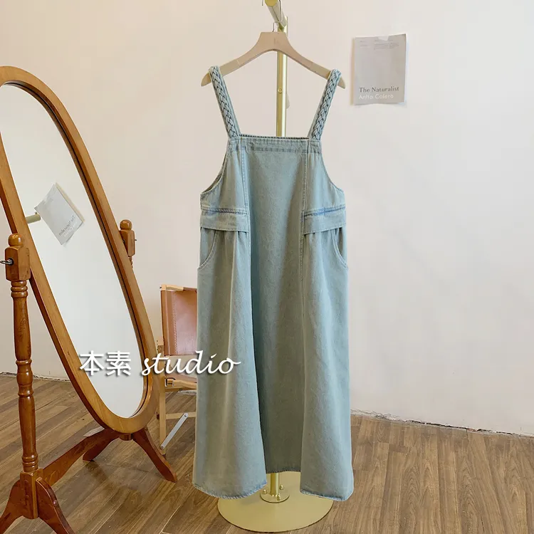 麻花辫C0847可调节麻花肩带牛仔背带裙Y