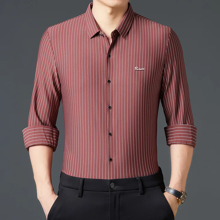男士条纹高档衬衫春秋休闲商务轻奢时尚中年男装高端衣服长袖衬衣