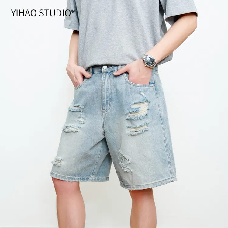 YIHAO STUDIO夏季蓝色破洞牛仔短裤时尚百搭宽松五分裤潮流中裤