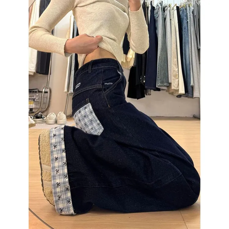 145小个子美式蝴蝶结格子拼接牛仔裤女高腰宽松垂感阔腿拖地长裤