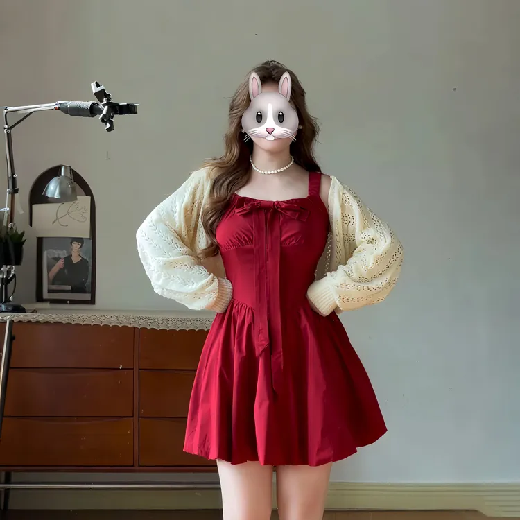 大码女装樱桃新款两件套秋微胖MM吊带蝴蝶结连衣裙搭针织开衫套装