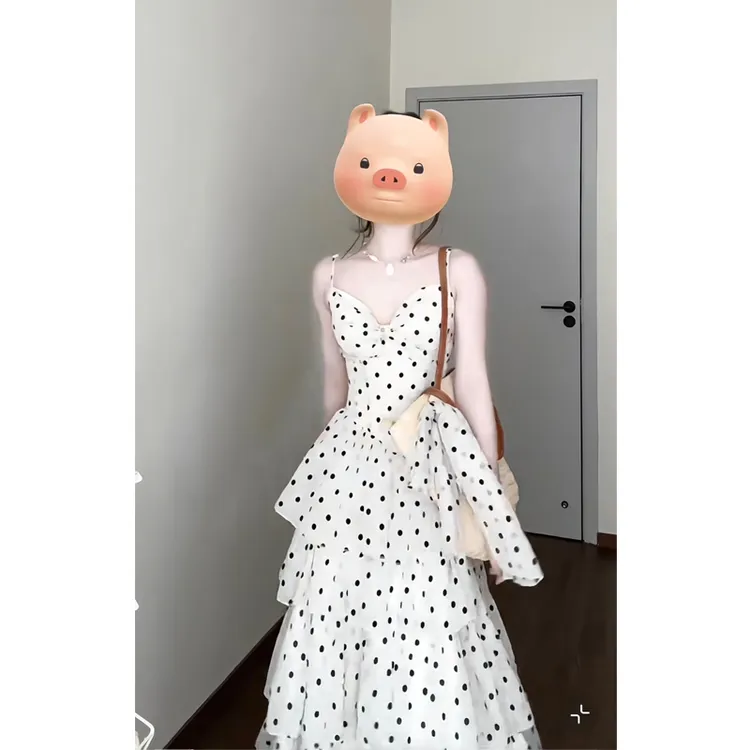 大码【罗马假日】法式度假风温柔波点收腰显瘦时尚吊带连衣裙长裙仙