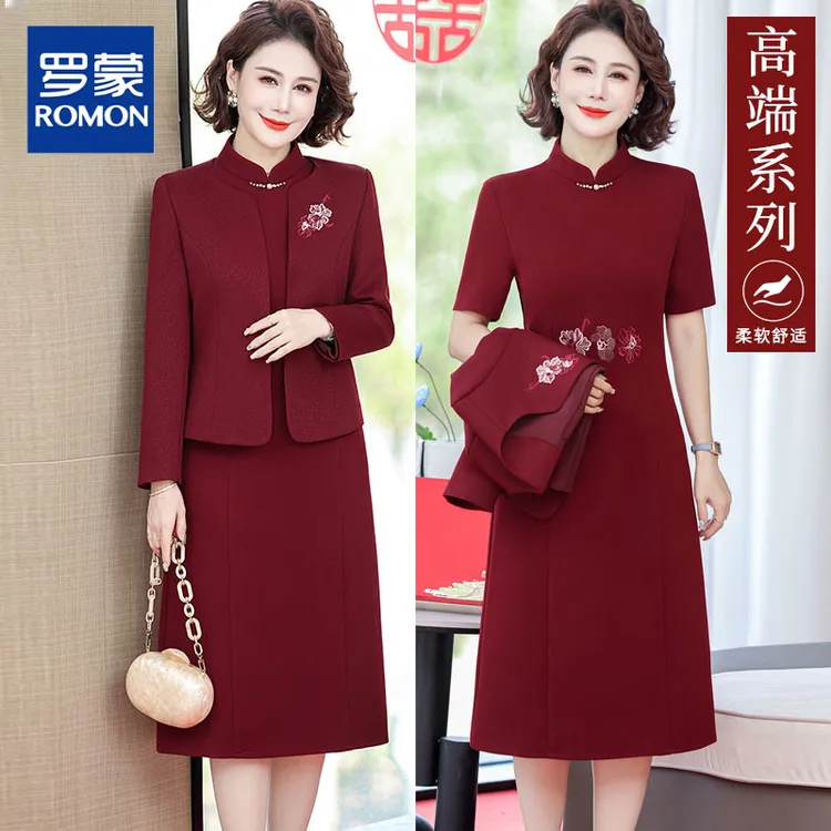 喜婆婆婚宴装丈母娘结婚礼服女高贵秋冬红色两件套妈妈连衣裙短款