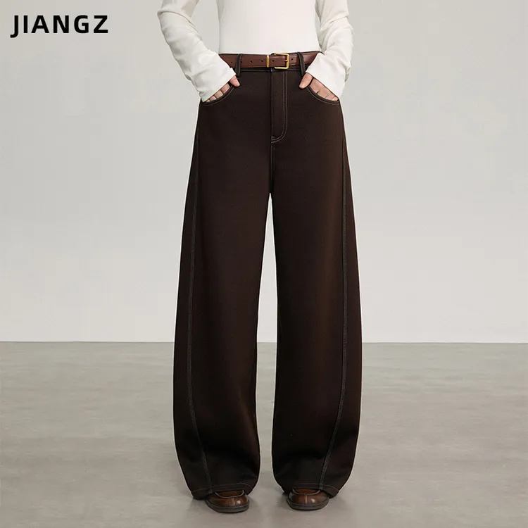 江洲【枷月】加绒保暖秋冬新款精纺牛仔特舒绒配腰带遮胯弯刀阔腿裤