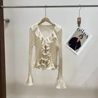 ZZ喇叭袖女荷叶领法式针织毛针织衫开衫白色长袖修身X123