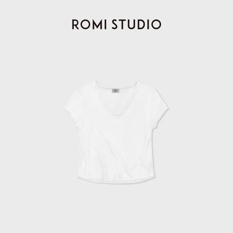 ROMI STUDIO“衣橱经典”天然竹节肌理软糯绒感v领短袖RWDSSL2517