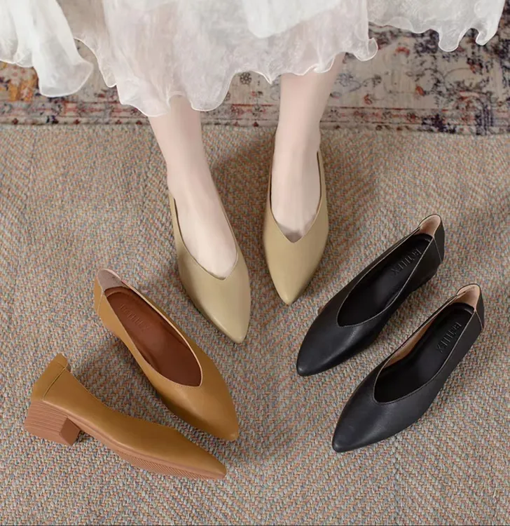 百搭女鞋尖头软底舒适V女鞋春秋上班低跟浅口粗跟跟鞋高跟307