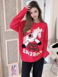 【红马迎春】轻奢255648-100山羊绒时尚拼色小马图案圆领针织套头衫