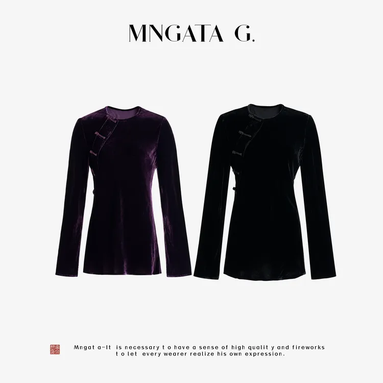 MNGATA G.宫小妍【唐装盘扣】真丝丝绒秋冬新中式斜襟上衣5080314